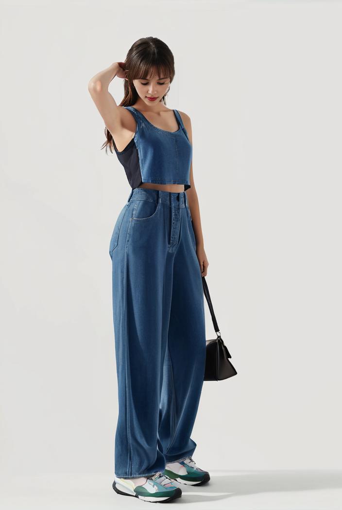 relaxed fit blue denim romper with slant pockets distressed denim coverall stylish women s denim outfit 111894