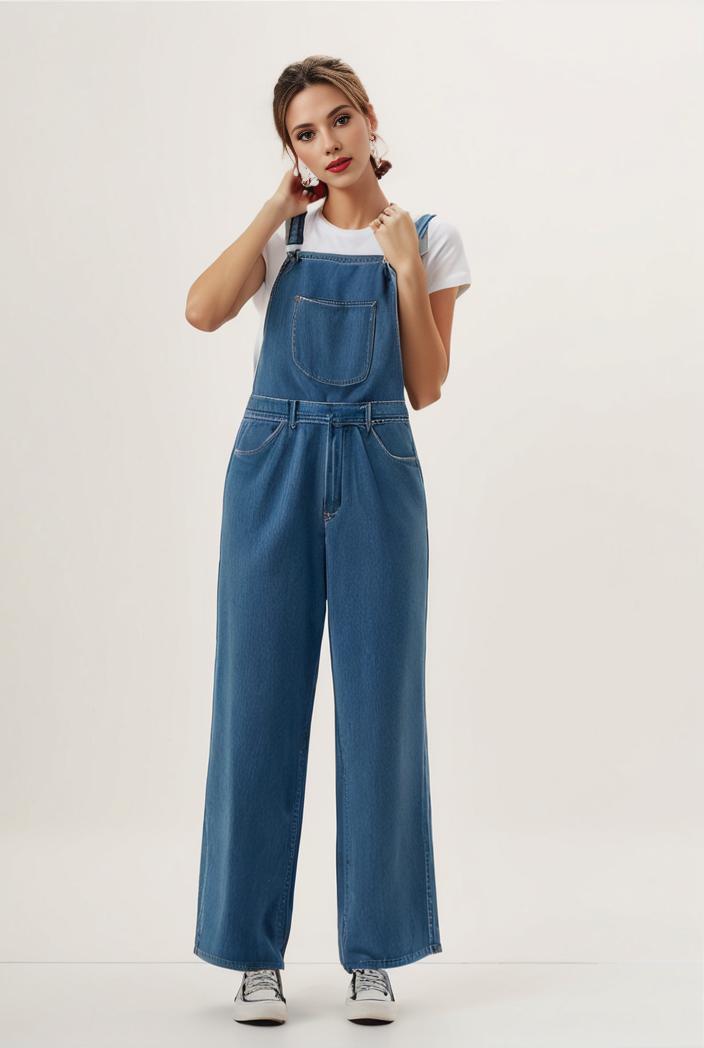 relaxed fit blue denim romper with slant pockets distressed denim coverall stylish women s denim outfit 111898