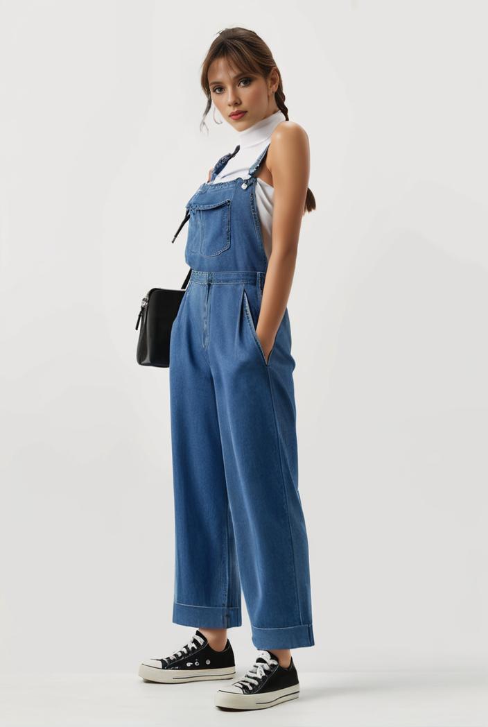 relaxed fit blue denim romper with slant pockets distressed denim coverall stylish women s denim outfit 111910