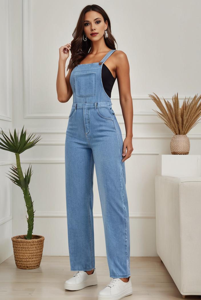 relaxed fit denim jumpsuit with slant pockets non elastic washed denim overalls women s denim apparel 111919