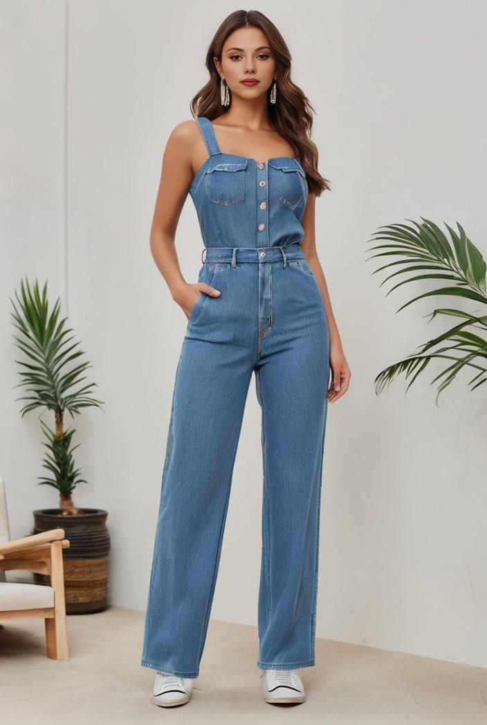relaxed fit denim jumpsuit with slant pockets non elastic washed denim overalls women s denim apparel 111920