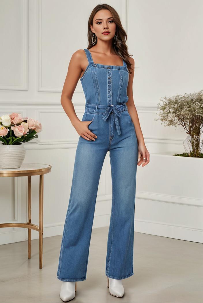 relaxed fit denim jumpsuit with slant pockets non elastic washed denim overalls women s denim apparel 111921