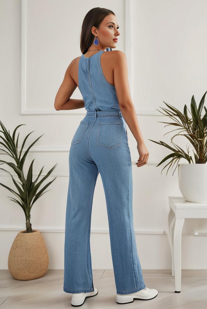 relaxed fit denim jumpsuit with slant pockets non elastic washed denim overalls women s denim apparel 111929