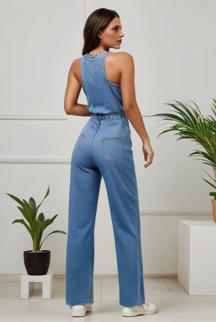 relaxed fit denim jumpsuit with slant pockets non elastic washed denim overalls women s denim apparel 111934