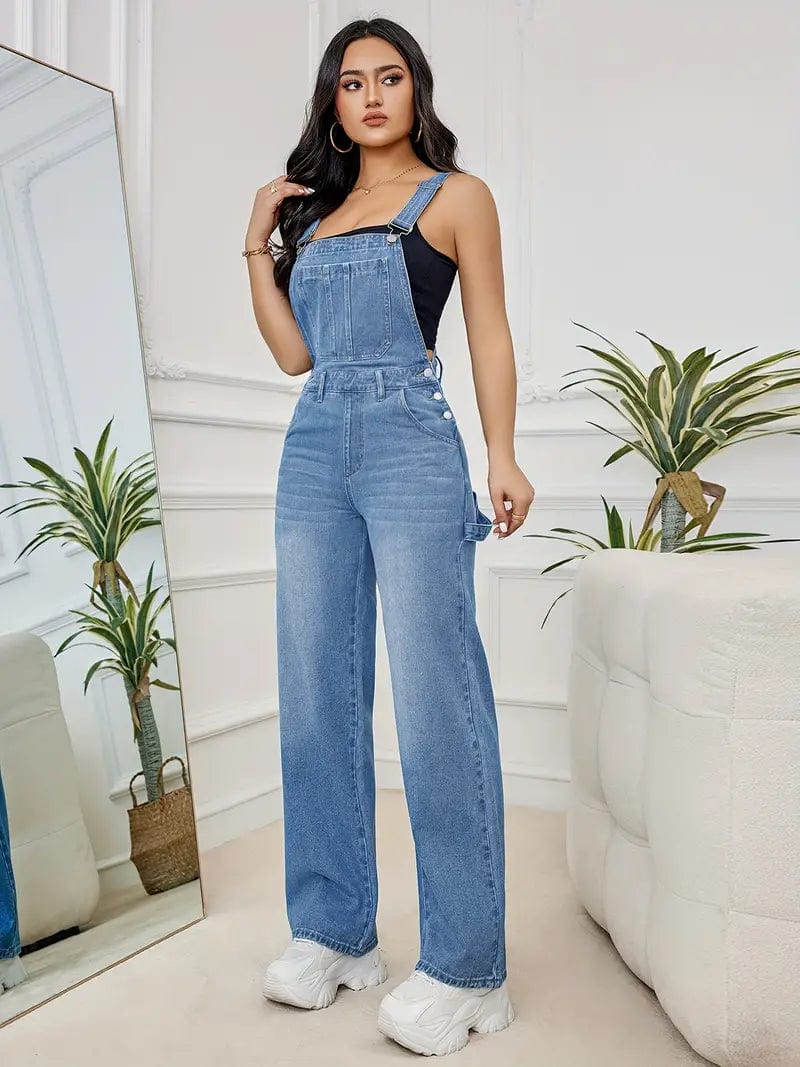 Relaxed Fit Denim Jumpsuit with Slant Pockets, Non-Elastic Washed Denim Overalls, Women's Denim Apparel