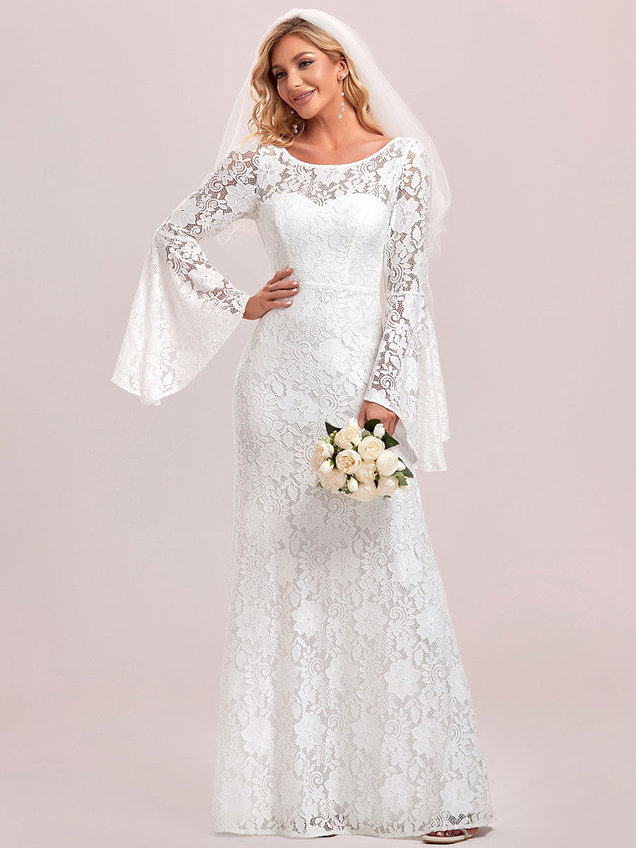 A-Line Wedding Dress with Round Neck and Bat-Wing Sleeves