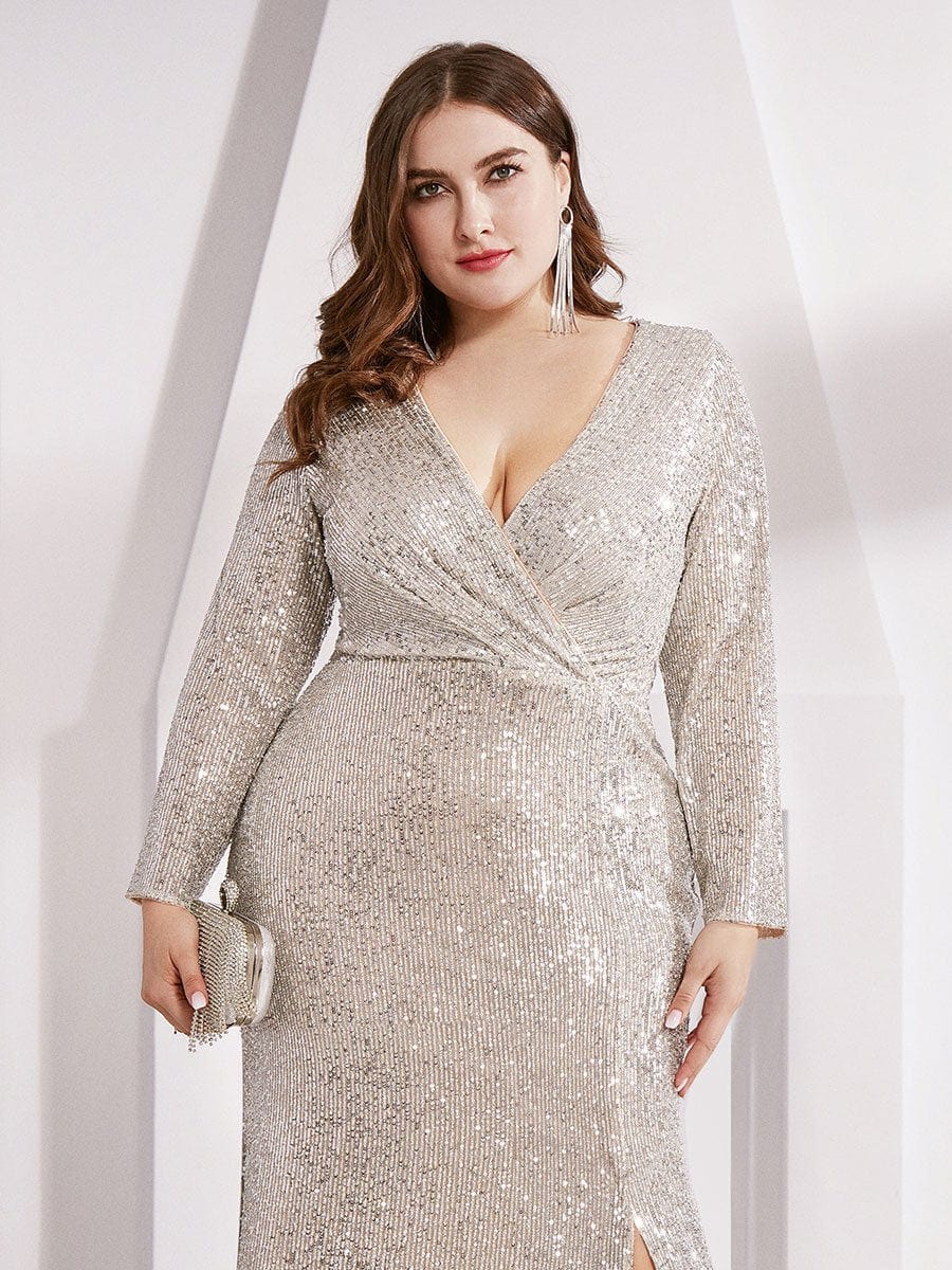 Glamorous Plus Size Sequin Deep V Neck Evening Party Gown