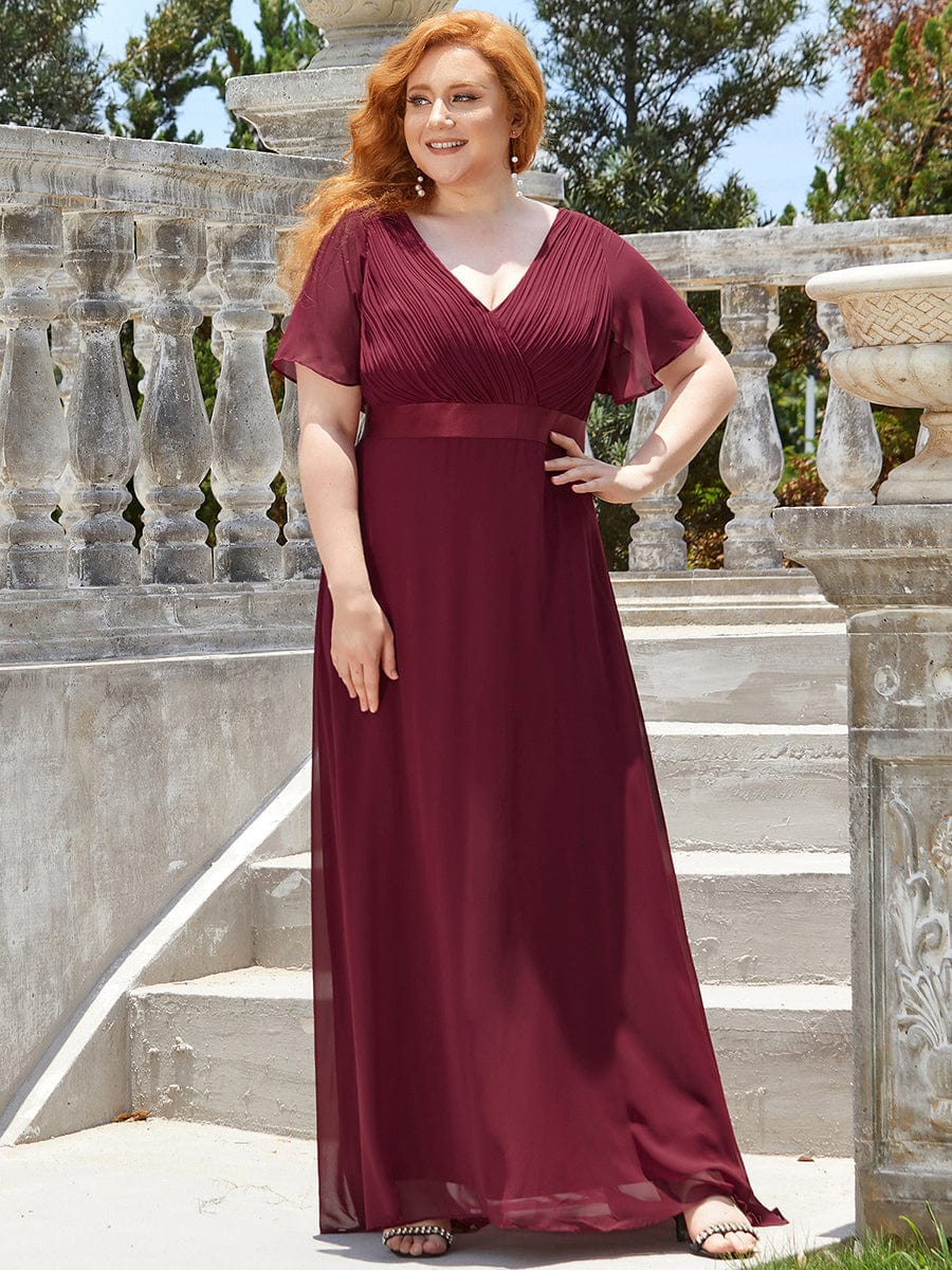 Flutter Sleeve Double V-Neck Plus Size Evening Gown with Ruffled Empire Waist
