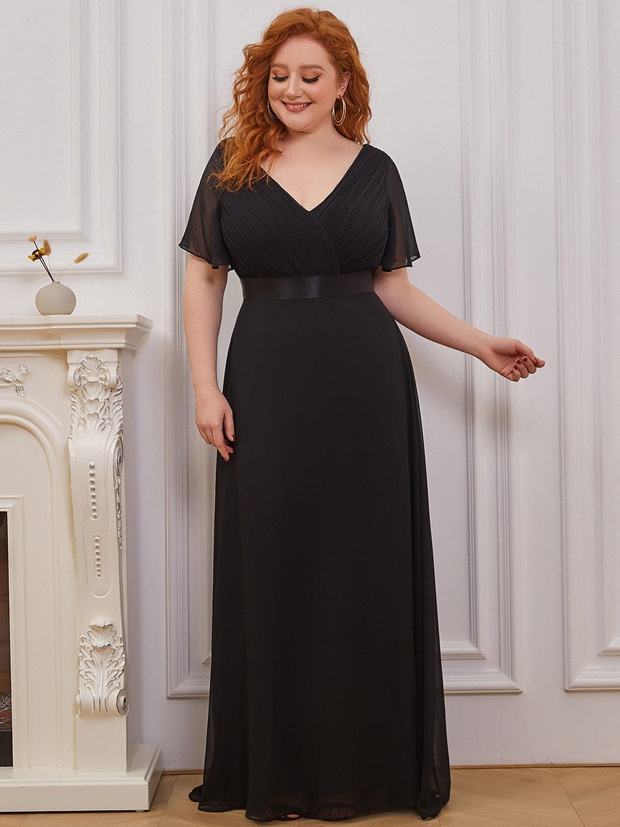 Flutter Sleeve Double V-Neck Plus Size Evening Gown with Ruffled Empire Waist