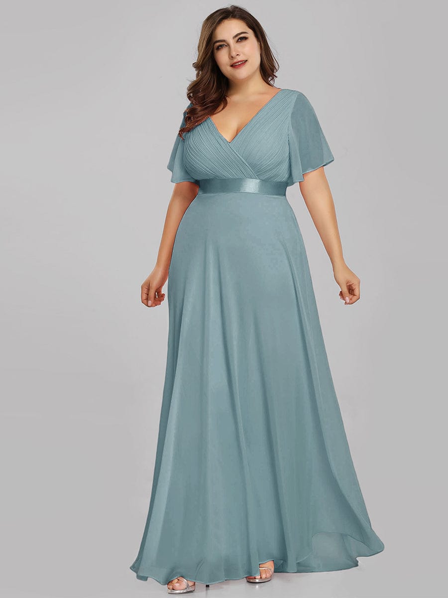 Flutter Sleeve Double V-Neck Plus Size Evening Gown with Ruffled Empire Waist