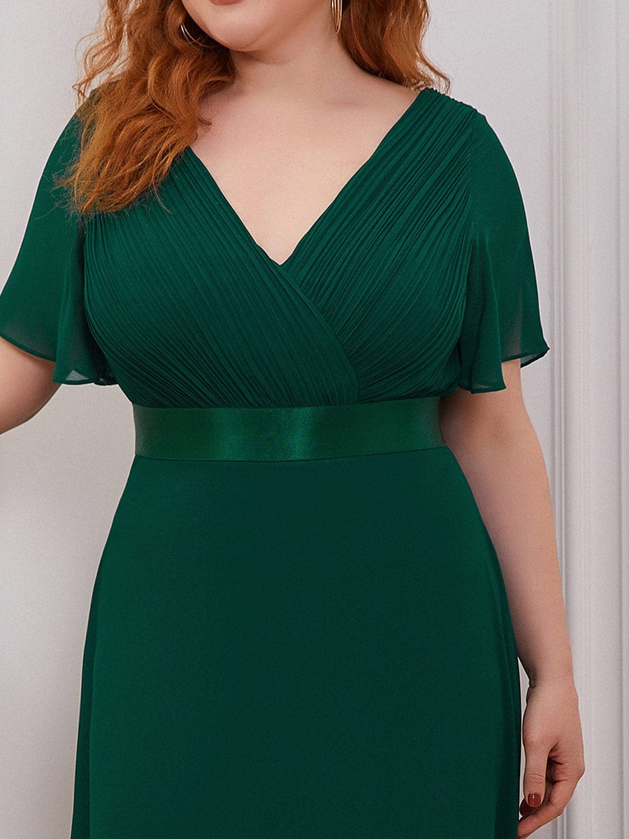 Flutter Sleeve Double V-Neck Plus Size Evening Gown with Ruffled Empire Waist