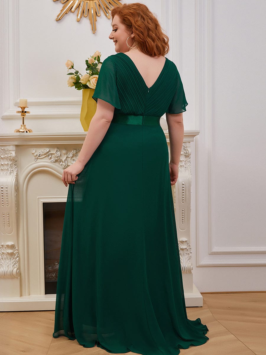 Flutter Sleeve Double V-Neck Plus Size Evening Gown with Ruffled Empire Waist