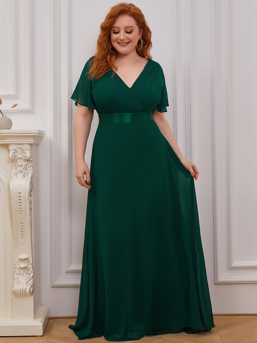 Flutter Sleeve Double V-Neck Plus Size Evening Gown with Ruffled Empire Waist