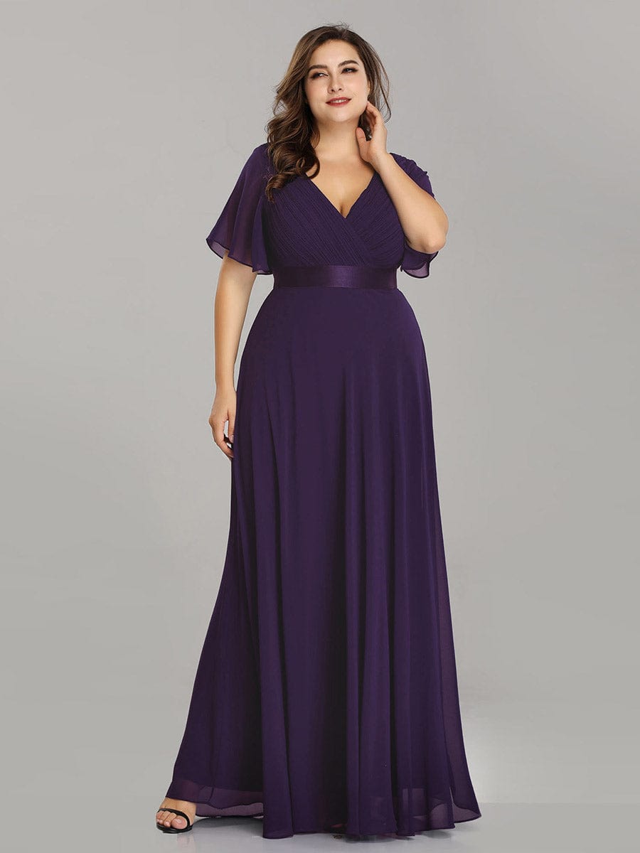 Flutter Sleeve Double V-Neck Plus Size Evening Gown with Ruffled Empire Waist