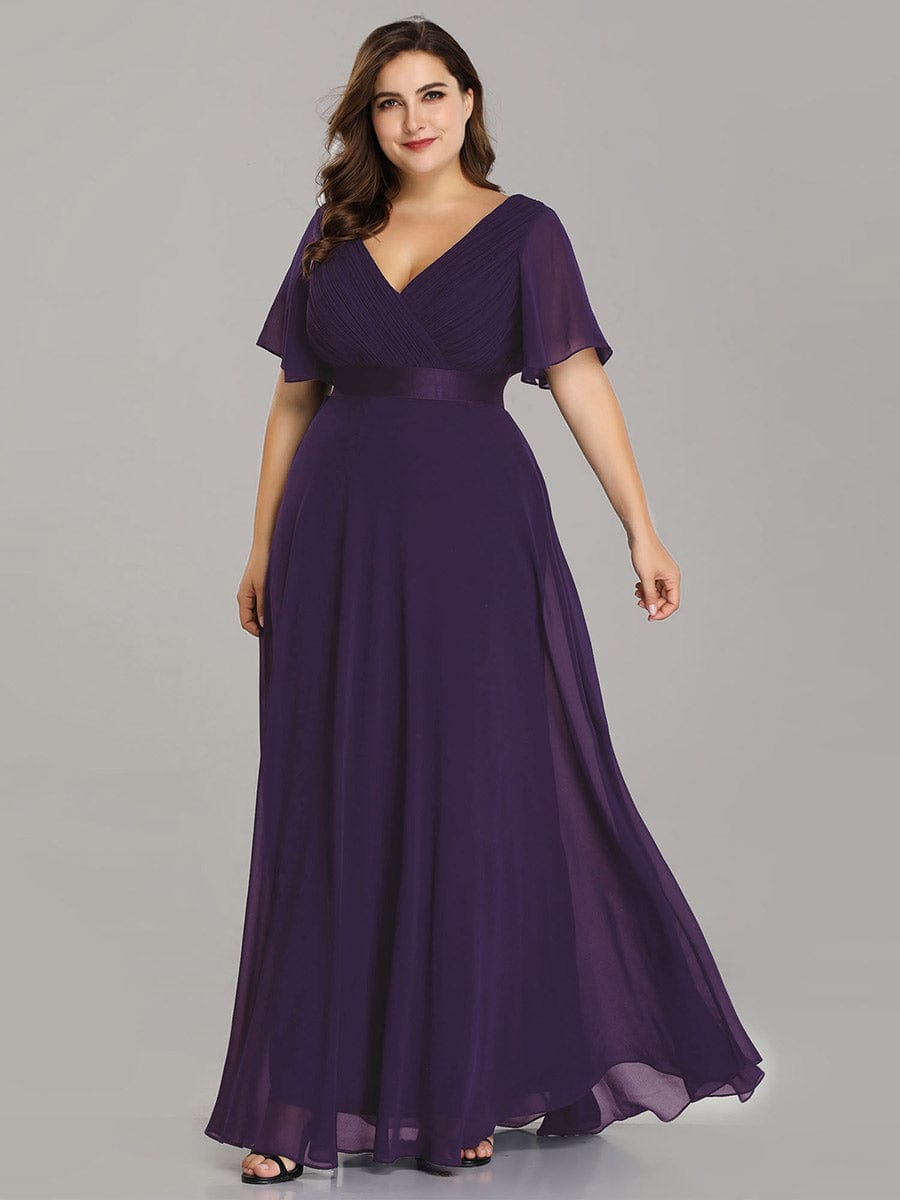 Flutter Sleeve Double V-Neck Plus Size Evening Gown with Ruffled Empire Waist