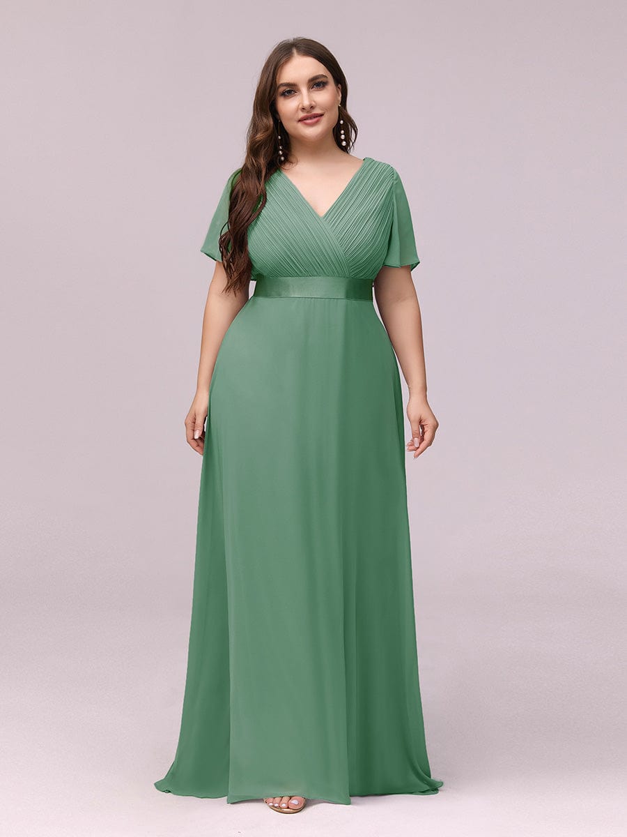 Flutter Sleeve Double V-Neck Plus Size Evening Gown with Ruffled Empire Waist