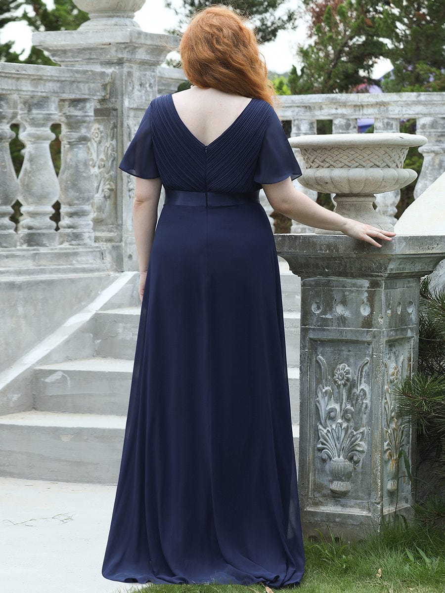 Flutter Sleeve Double V-Neck Plus Size Evening Gown with Ruffled Empire Waist