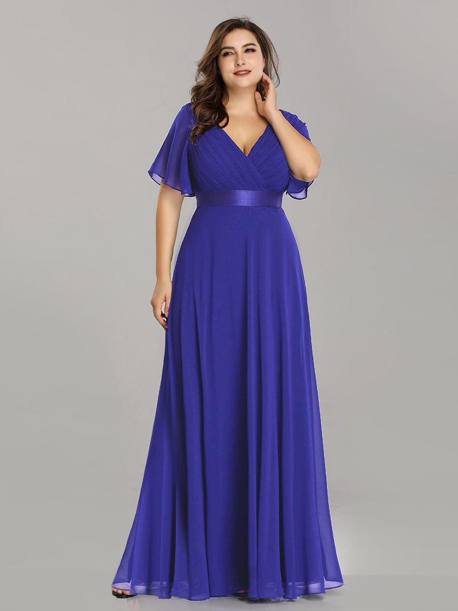 Flutter Sleeve Double V-Neck Plus Size Evening Gown with Ruffled Empire Waist