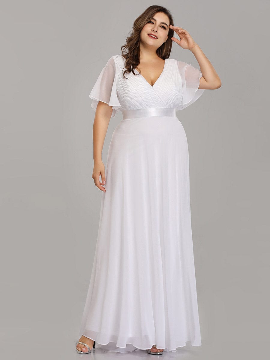 Flutter Sleeve Double V-Neck Plus Size Evening Gown with Ruffled Empire Waist