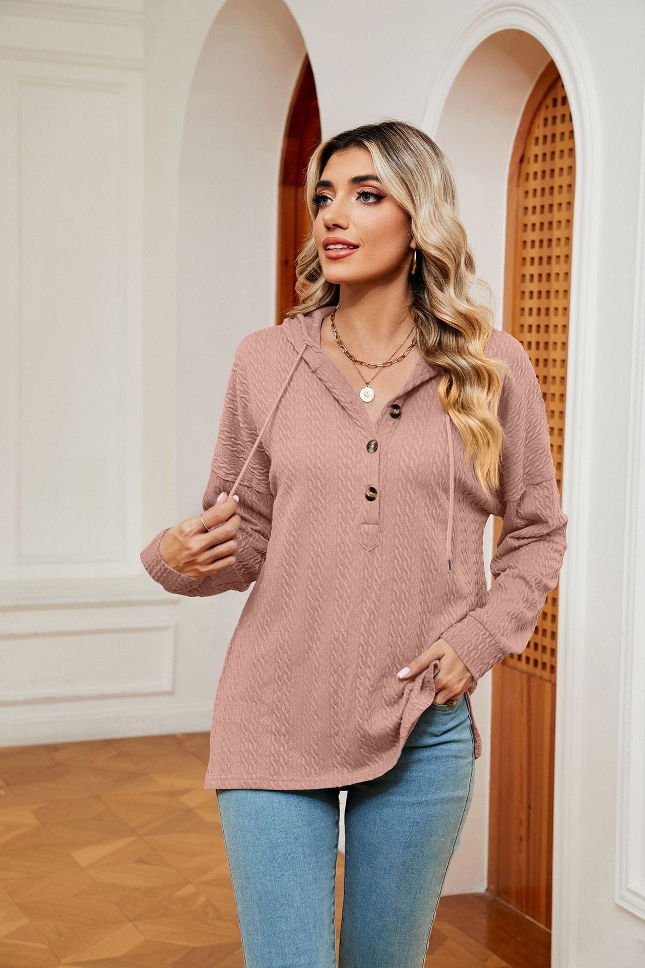 Hooded drawstring buttoned long-sleeved loose sweatshirt jacket