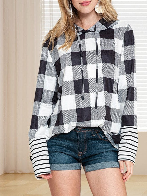 Women's Hooded Plaid Sweatshirt with Striped Contrast Print, Long Sleeve Pullover Top