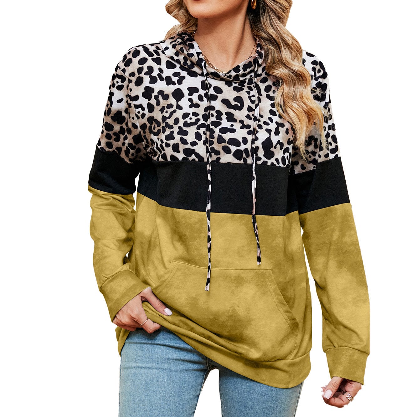 Hooded patchwork printed long-sleeved loose sweatshirt
