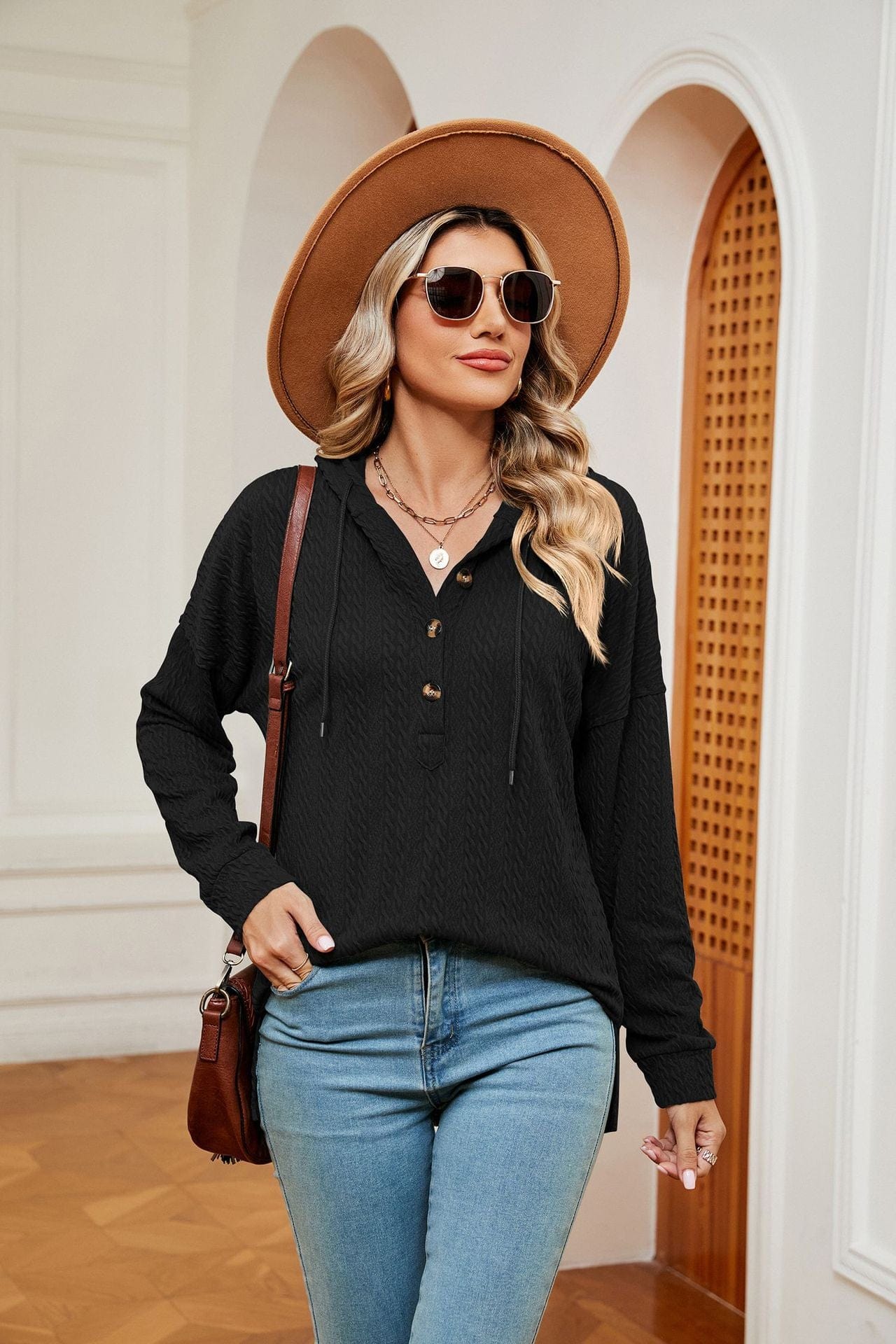 Hooded drawstring buttoned long-sleeved loose sweatshirt jacket