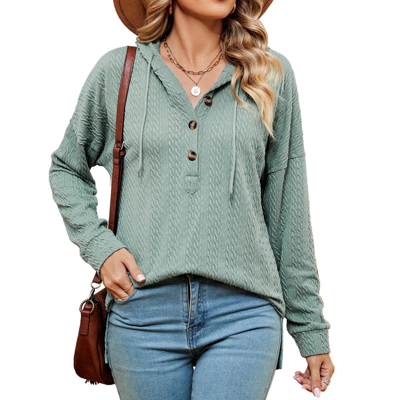 Hooded drawstring buttoned long-sleeved loose sweatshirt jacket