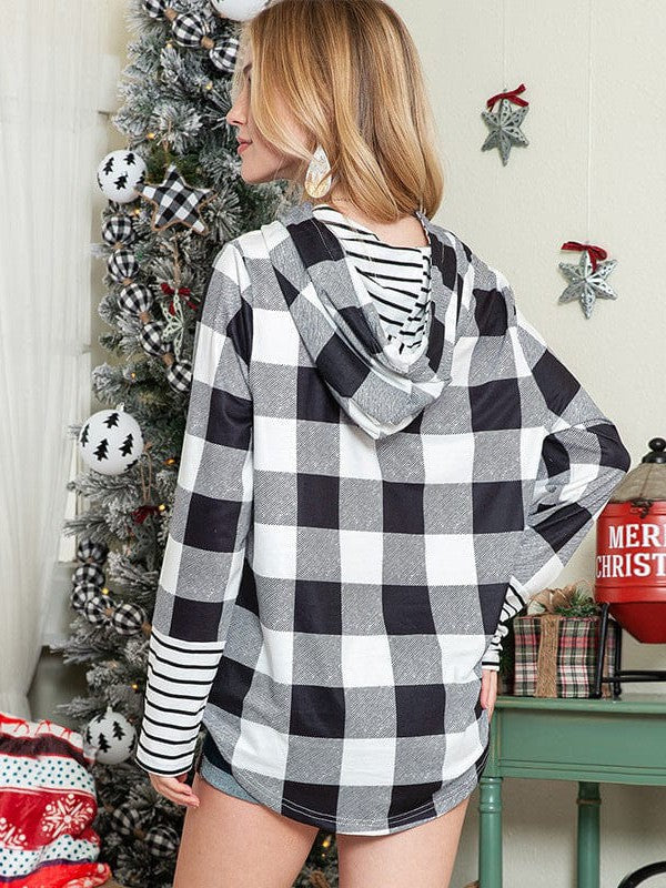 Women's Hooded Plaid Sweatshirt with Striped Contrast Print, Long Sleeve Pullover Top