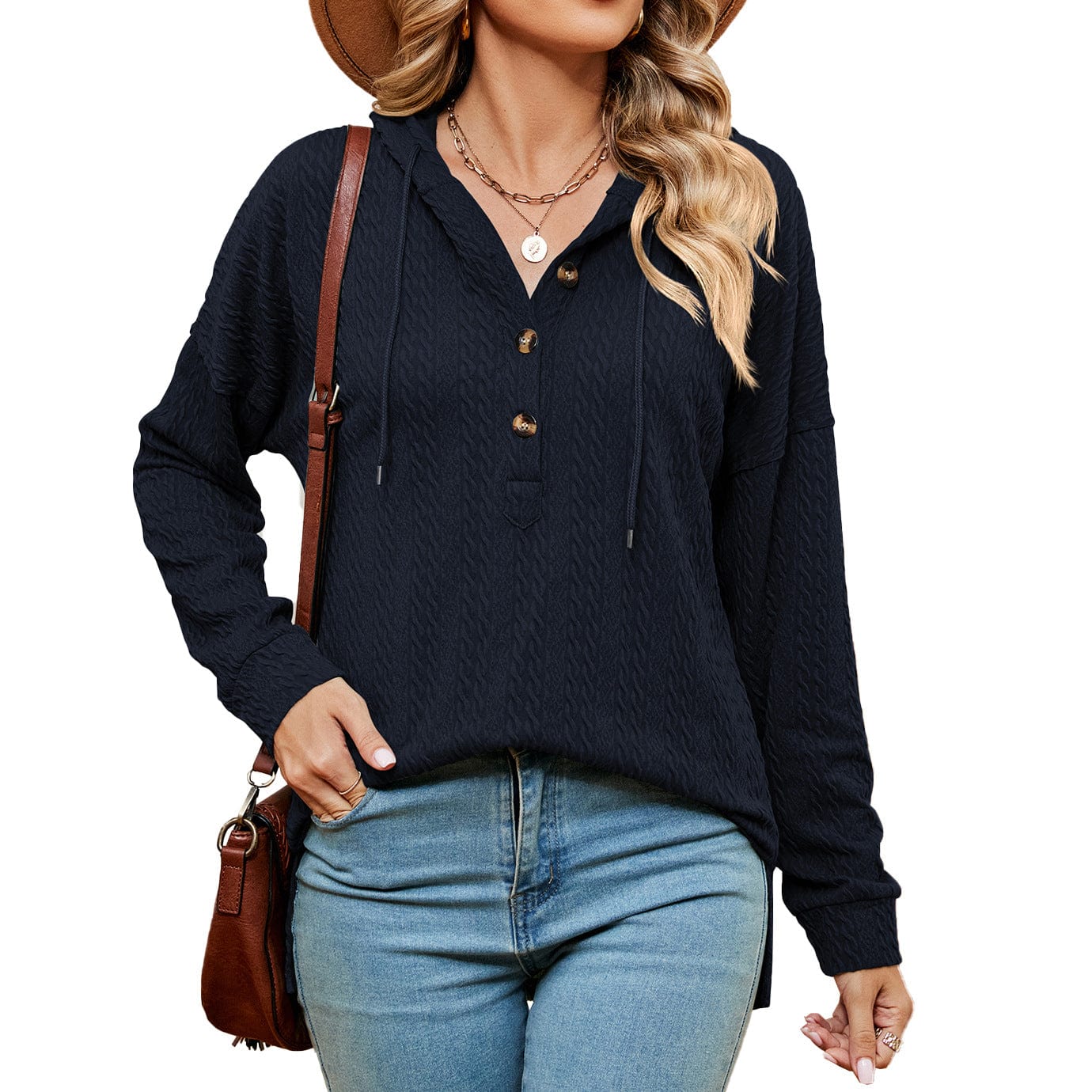 Hooded drawstring buttoned long-sleeved loose sweatshirt jacket