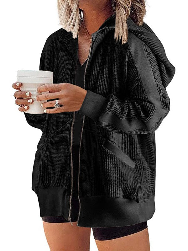 Casual Waffle Hooded Zip-Up Sweatshirt for Women