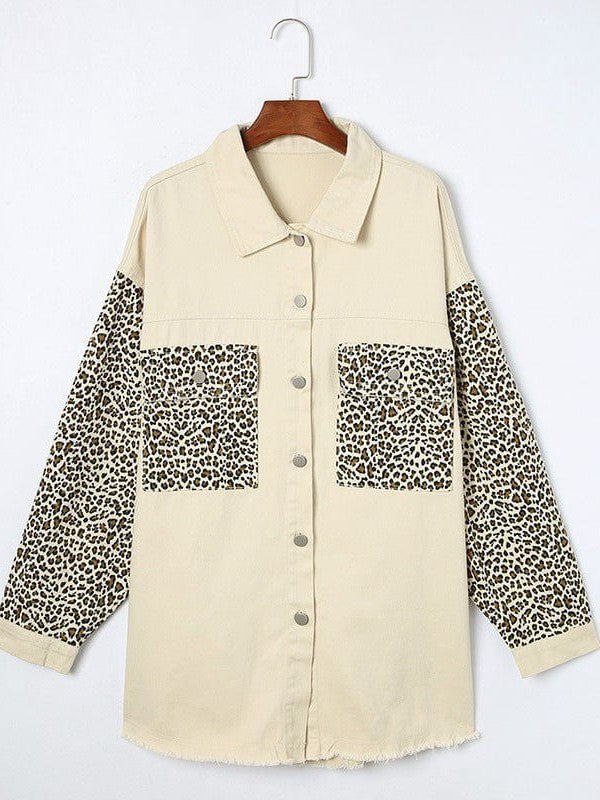 Leopard Print Spliced Denim Jacket for Stylish Plus Size Women