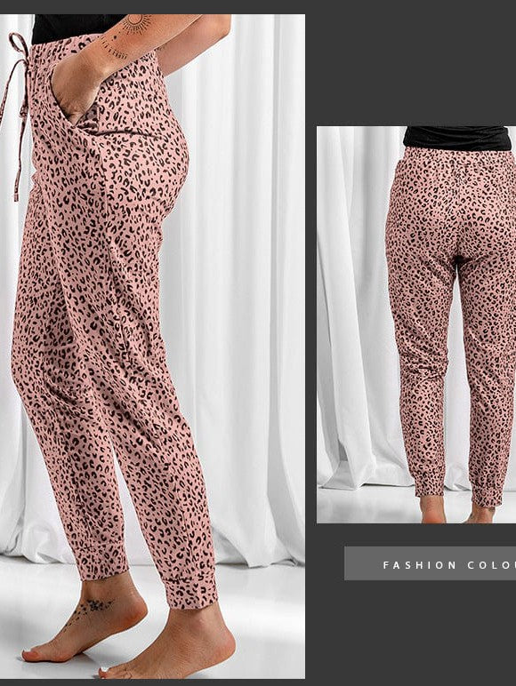 Women's High-Waisted Leopard Print Casual Pants with Elasticated Ankles