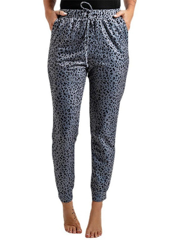 Women's High-Waisted Leopard Print Casual Pants with Elasticated Ankles