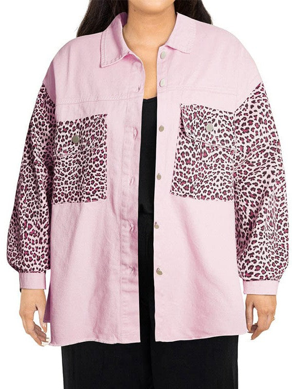Leopard Print Spliced Denim Jacket for Stylish Plus Size Women