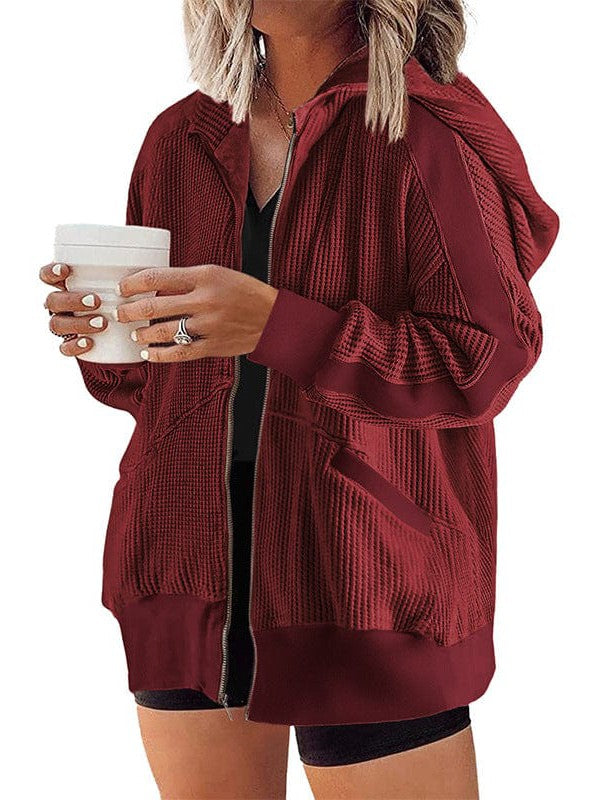 Casual Waffle Hooded Zip-Up Sweatshirt for Women