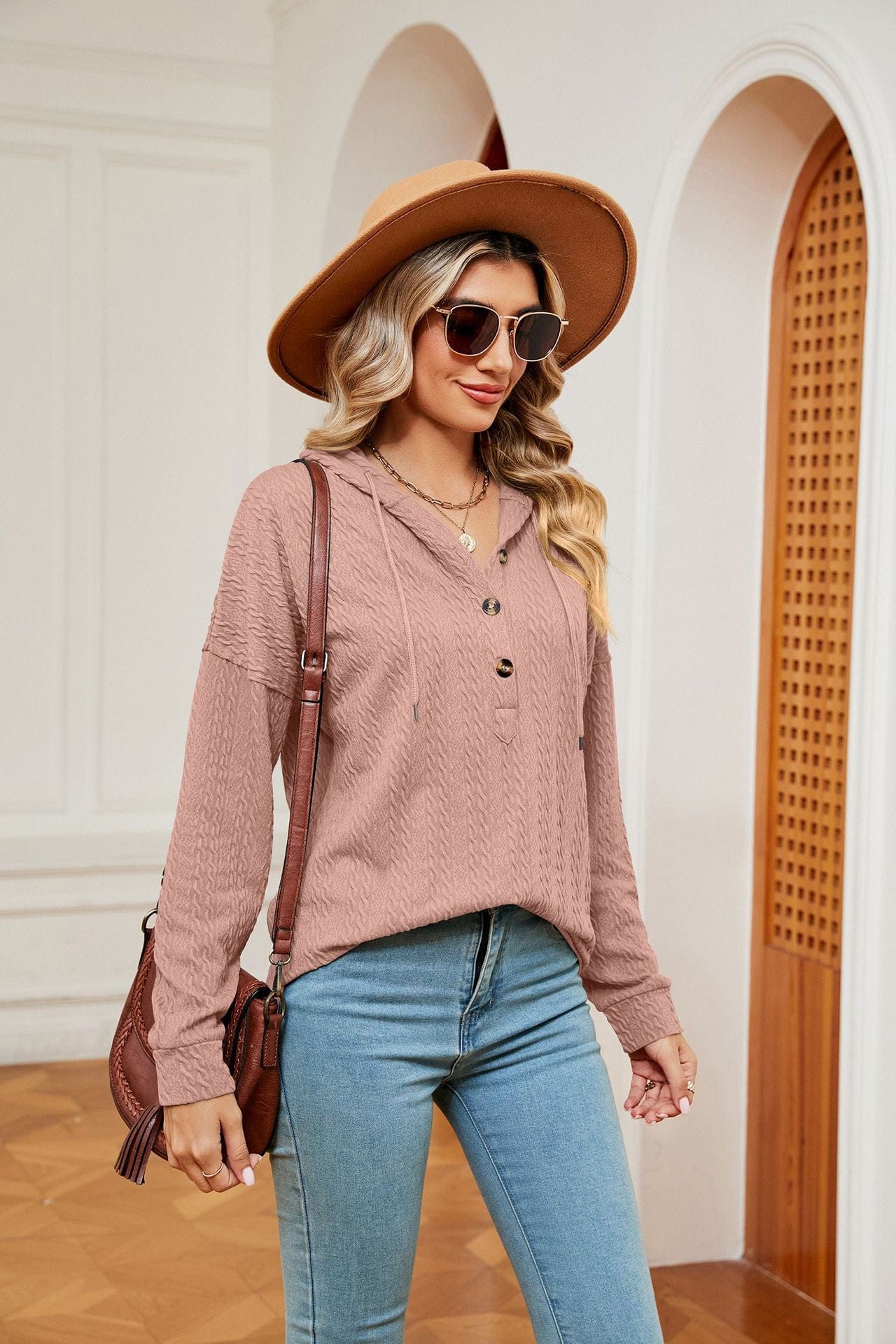 Hooded drawstring buttoned long-sleeved loose sweatshirt jacket