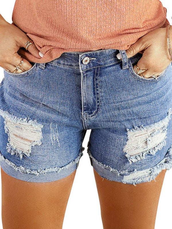 Women's High Waist Frayed Denim Shorts - Stylish Straight-leg Jeans
