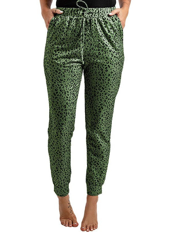 Women's High-Waisted Leopard Print Casual Pants with Elasticated Ankles