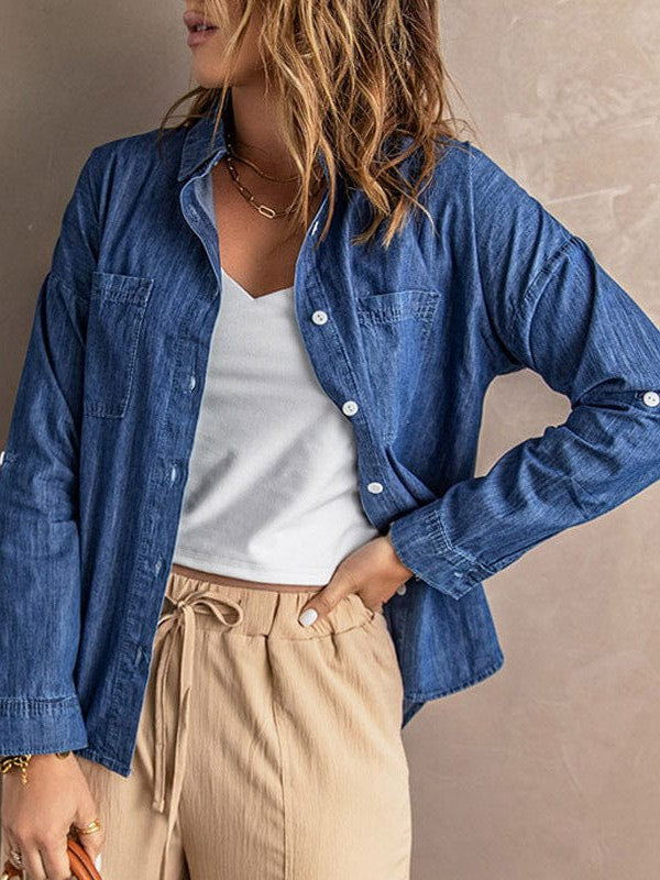 Casual Denim Jacket with Double Pockets and Frayed Edges