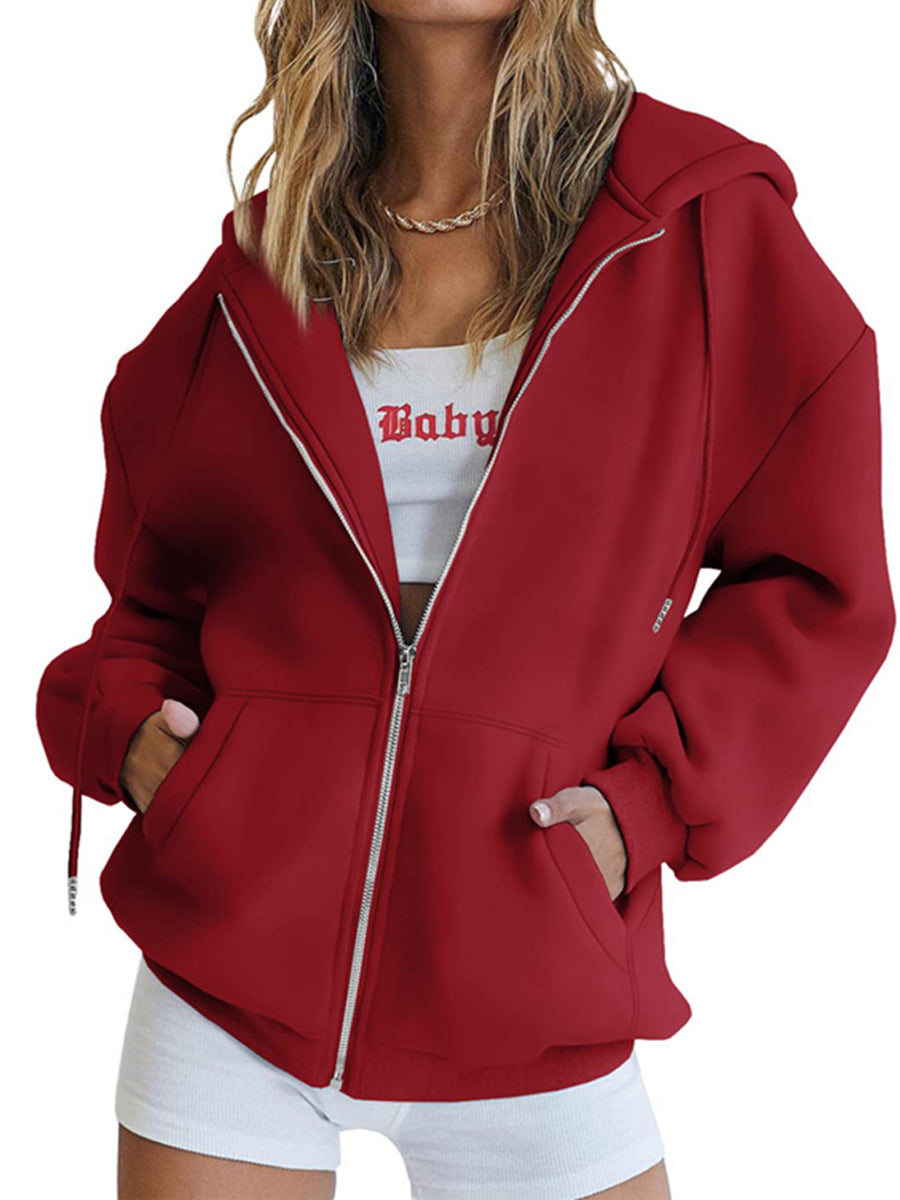 Cozy Oversized Drawstring Hoodie With Zip-Up Closure and Pockets