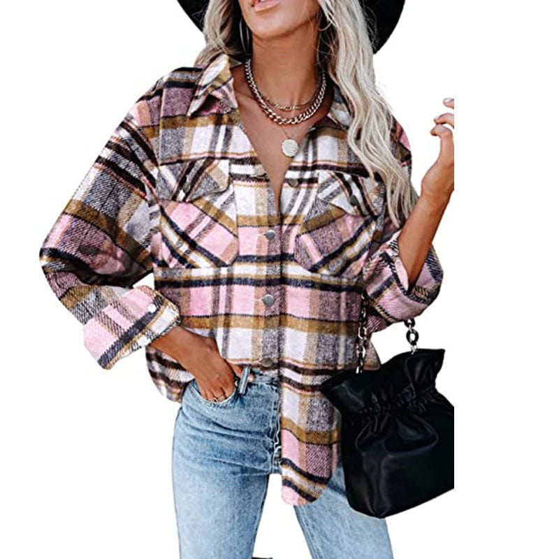 Plaid long-sleeve loose-pocket single-breasted wool coat