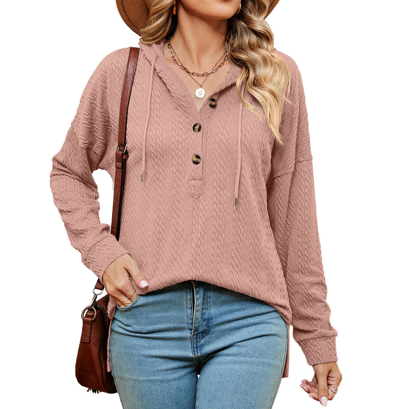 Hooded drawstring buttoned long-sleeved loose sweatshirt jacket