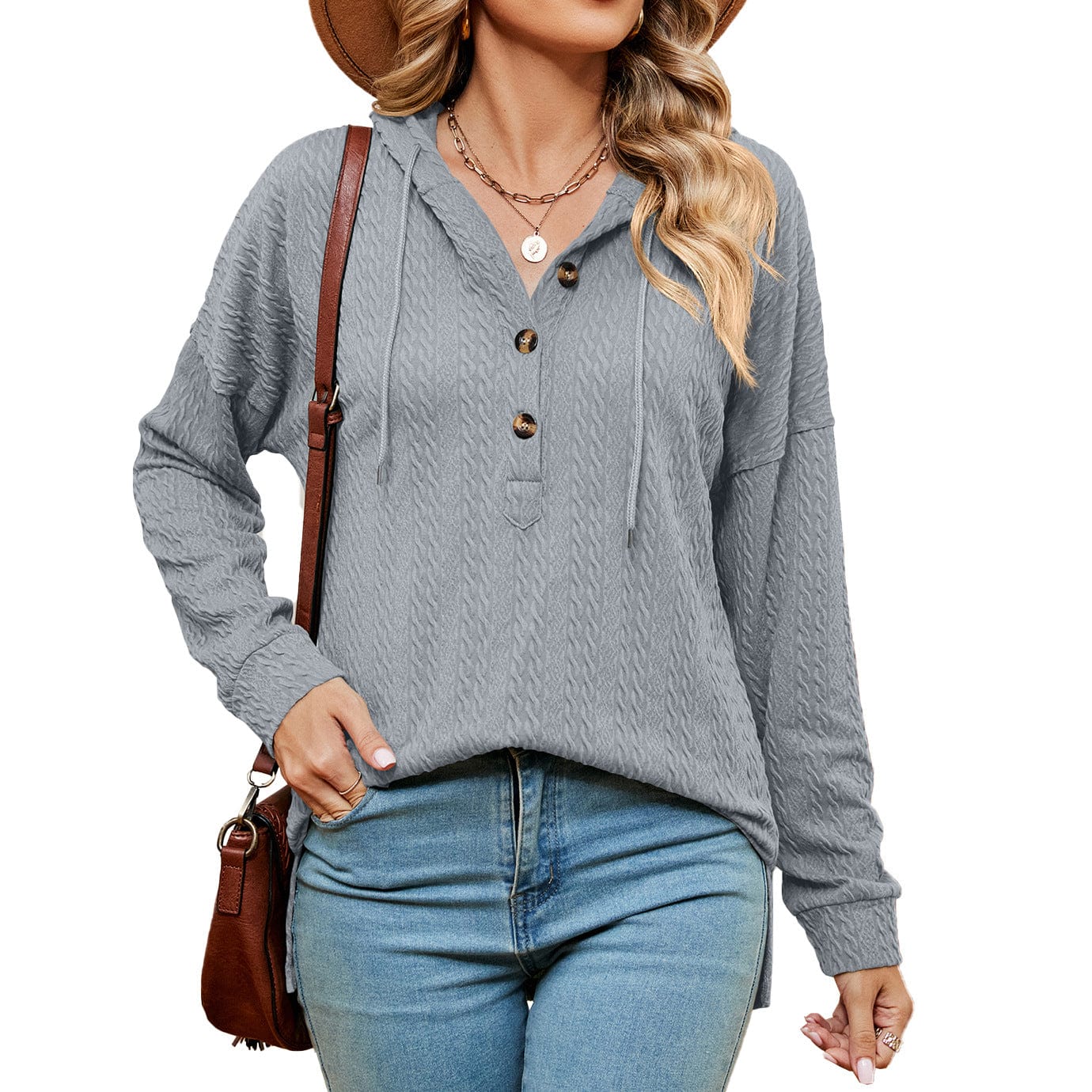 Hooded drawstring buttoned long-sleeved loose sweatshirt jacket