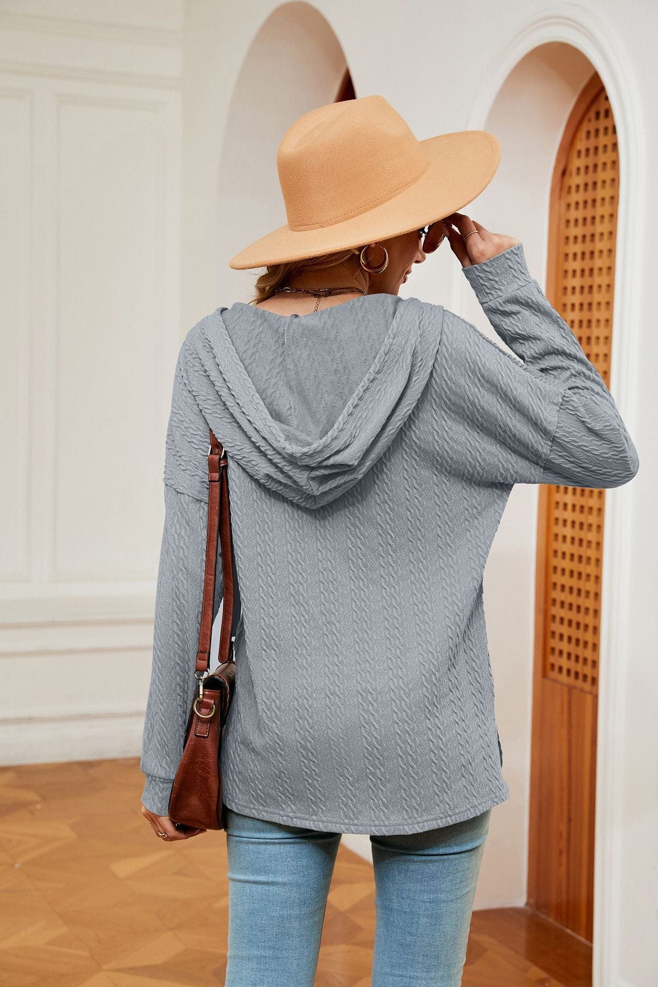 Hooded drawstring buttoned long-sleeved loose sweatshirt jacket