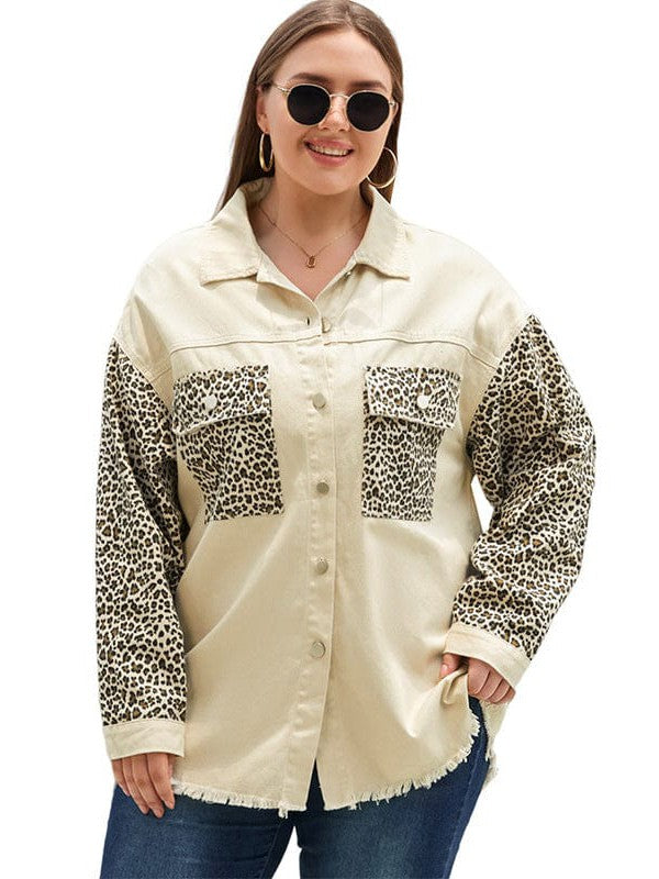 Leopard Print Spliced Denim Jacket for Stylish Plus Size Women