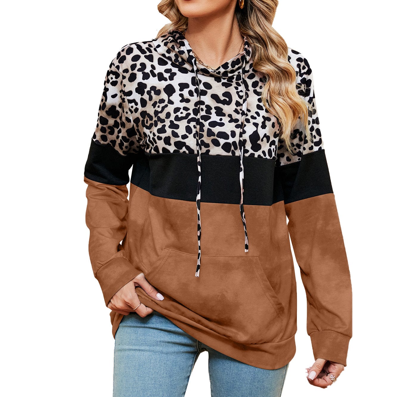 Hooded patchwork printed long-sleeved loose sweatshirt