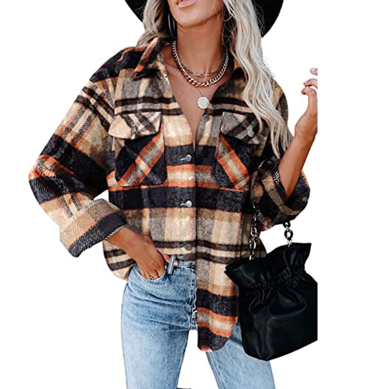 Plaid long-sleeve loose-pocket single-breasted wool coat