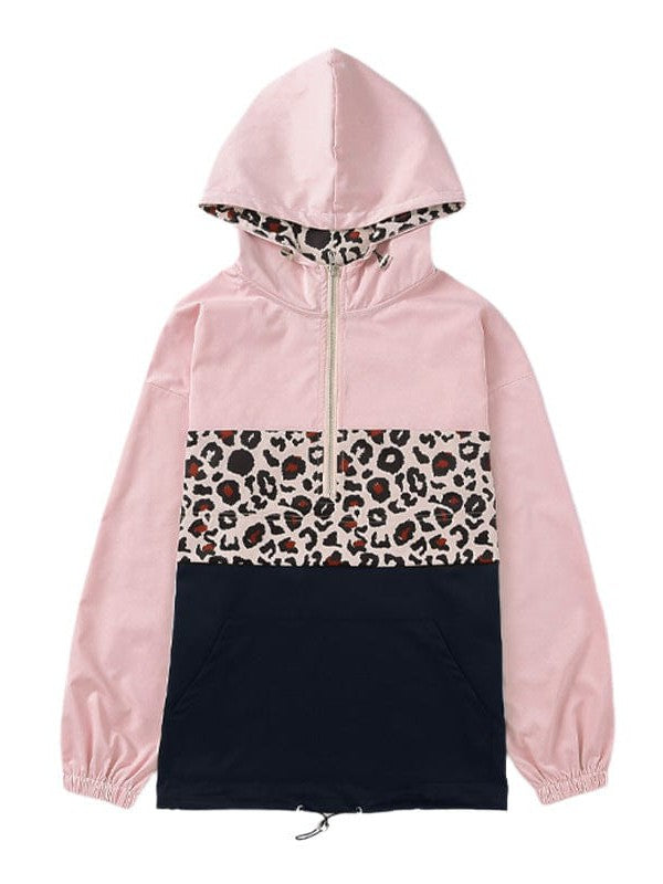 Leopard Print Patchwork Hooded Sweatshirt with Long Sleeves for Women