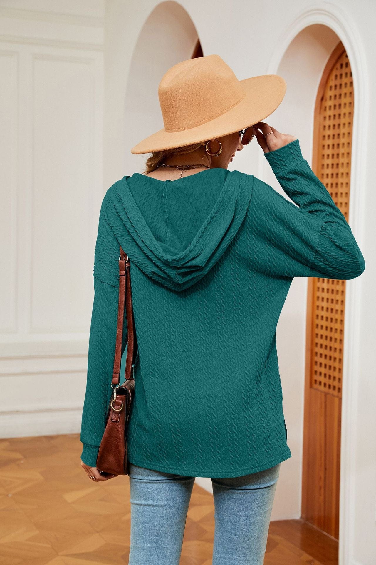 Hooded drawstring buttoned long-sleeved loose sweatshirt jacket
